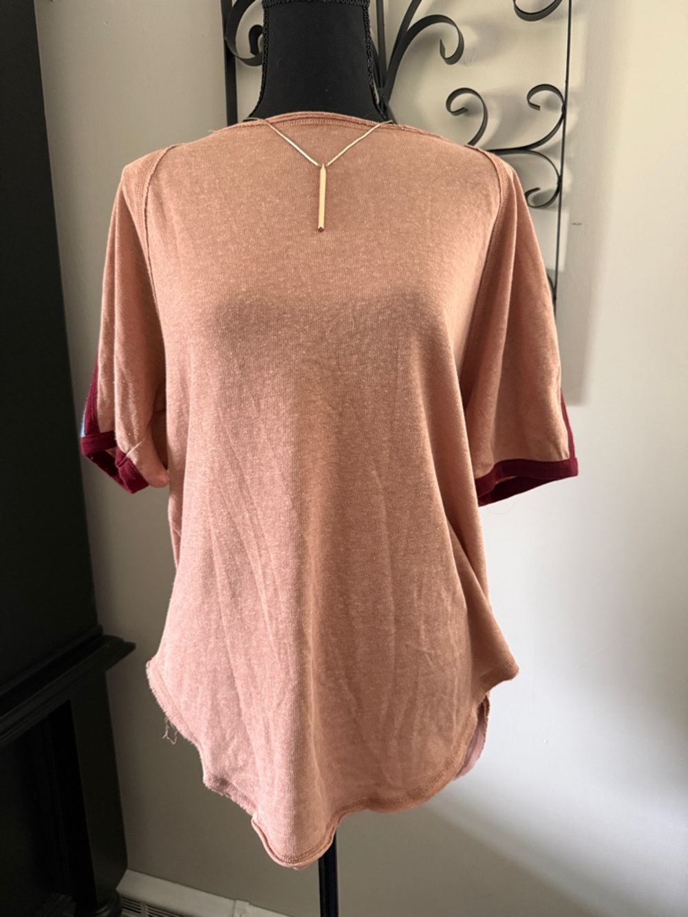 We The Free Dusty Peach Short Sleeve Tee with Burgundy Trim